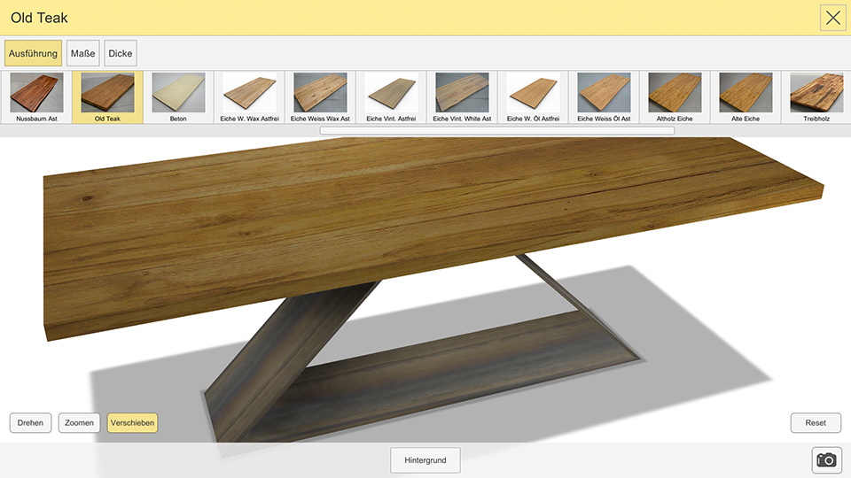 Auswahl der Tischplatten, Gestellmodelle und Stühle Auswahlband für Tischplatten mit Foto-Miniaturen