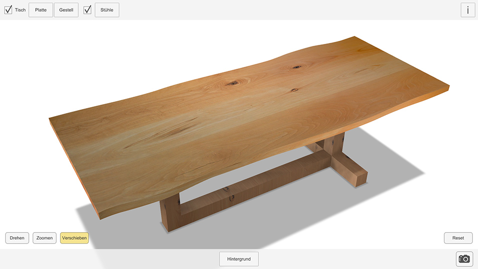 Baumkanten statt gerader Kanten an den Längsseiten Unregelmäßige Baumkanten an den Tischplatten-Längsseiten