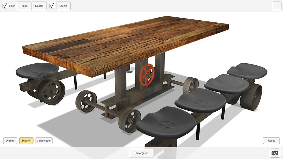 Altholz-Tischplatte mit Gestell und Bänken im Industriedesign Tischplatte mit Gestell und Bänken im Industriedesign
