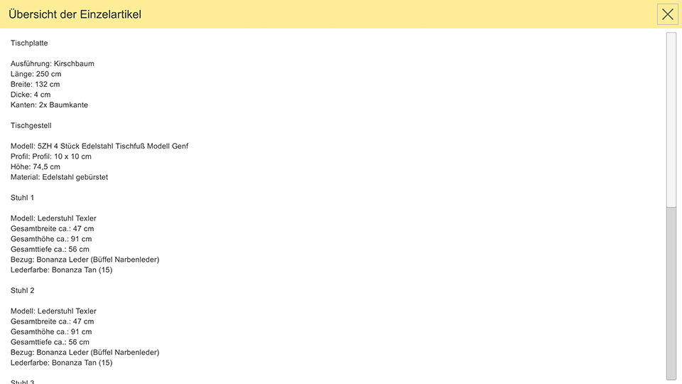 Auflistung der Elemente und eingestellten Parametern Auflistung der konfigurierten Elemente mit Details