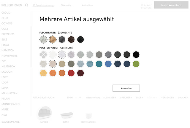 Gleichzeitige Farbauswahl für mehrere Möbel