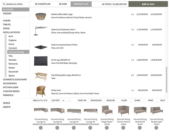 Auflistung der platzierten M&ouml;bel mit Preisen