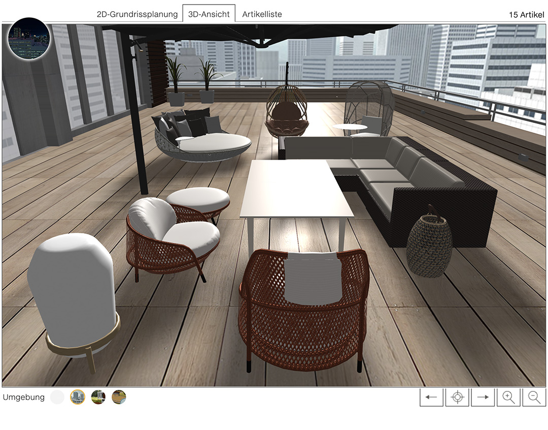 3D-Darstellung der Artikel auf einer City-Dachterrasse