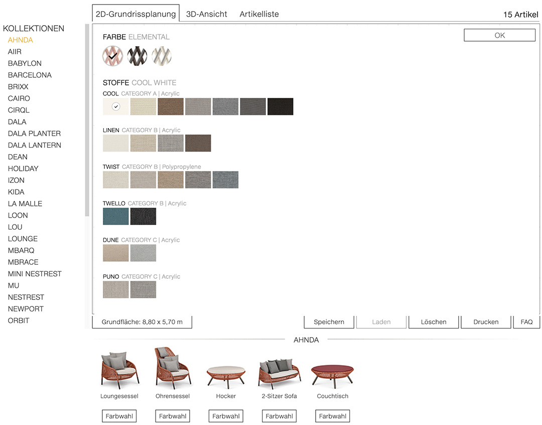 Dialog für Korpus- und Polster-Farbauswahl