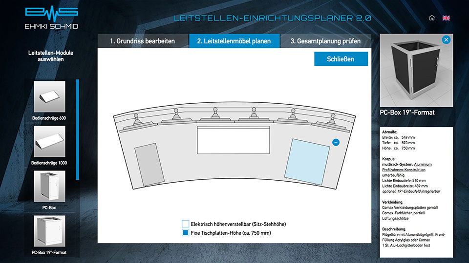 Platzieren eines Unterbau-Containers an einem Arbeitsplatz