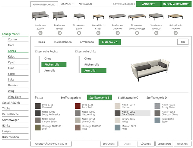 Konfigurationsdialog für Loungemöbel