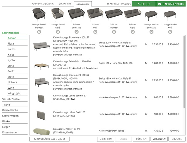 Auflistung der platzierten M&ouml;bel mit Preisen