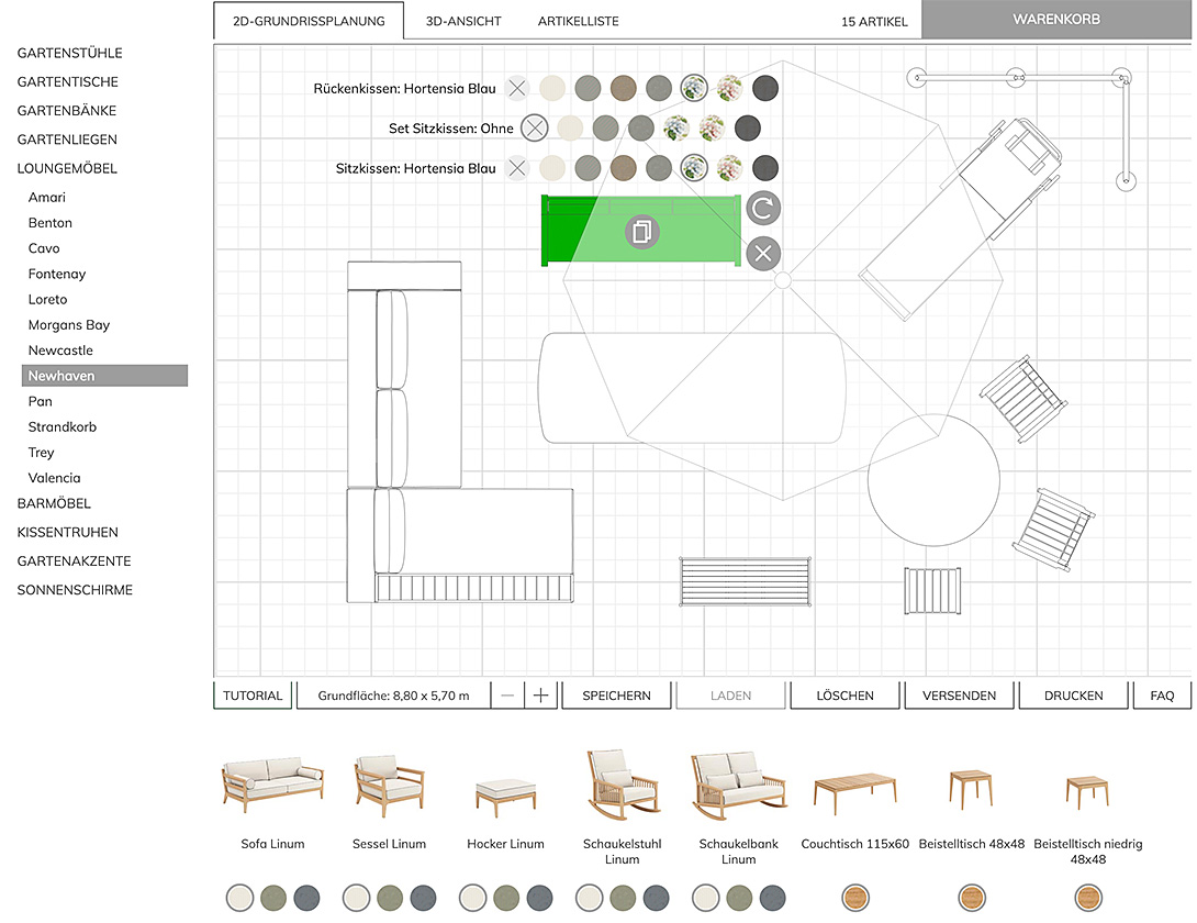 Grundriss-Planung mit Polster-Auswahl für aktivierte Sitzbank
