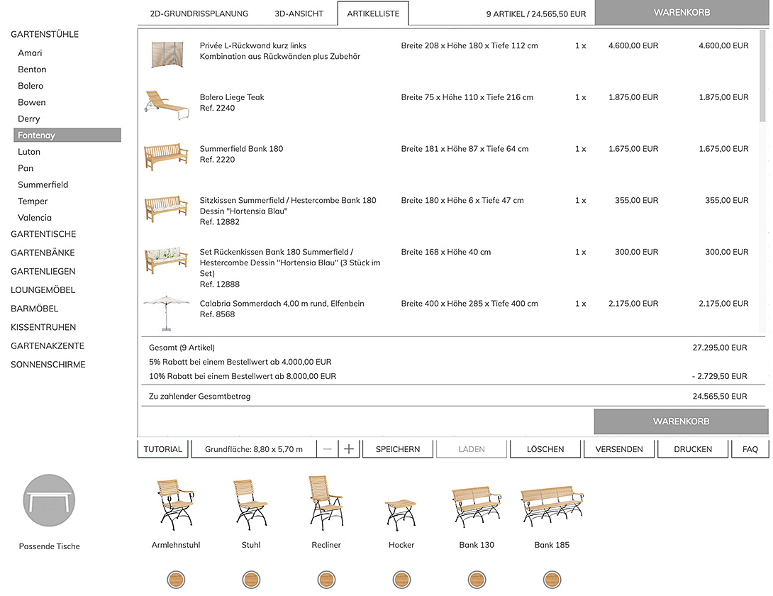 Auflistung der platzierten M&ouml;bel mit Preisen