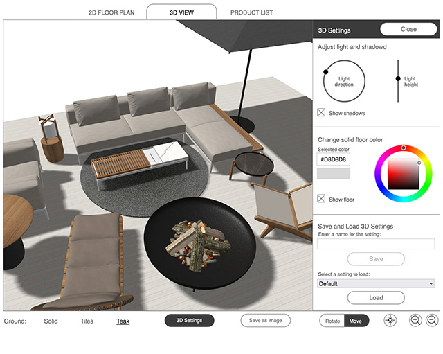 3D-Ansicht mit Einstellungen für Licht, Boden und Kameraposition