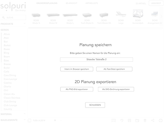 Speicher- und Export-Optionen für die Planung