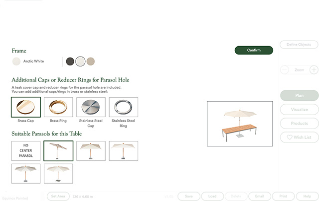 Auswahldialog für Sonnenschirme und Befestigungen